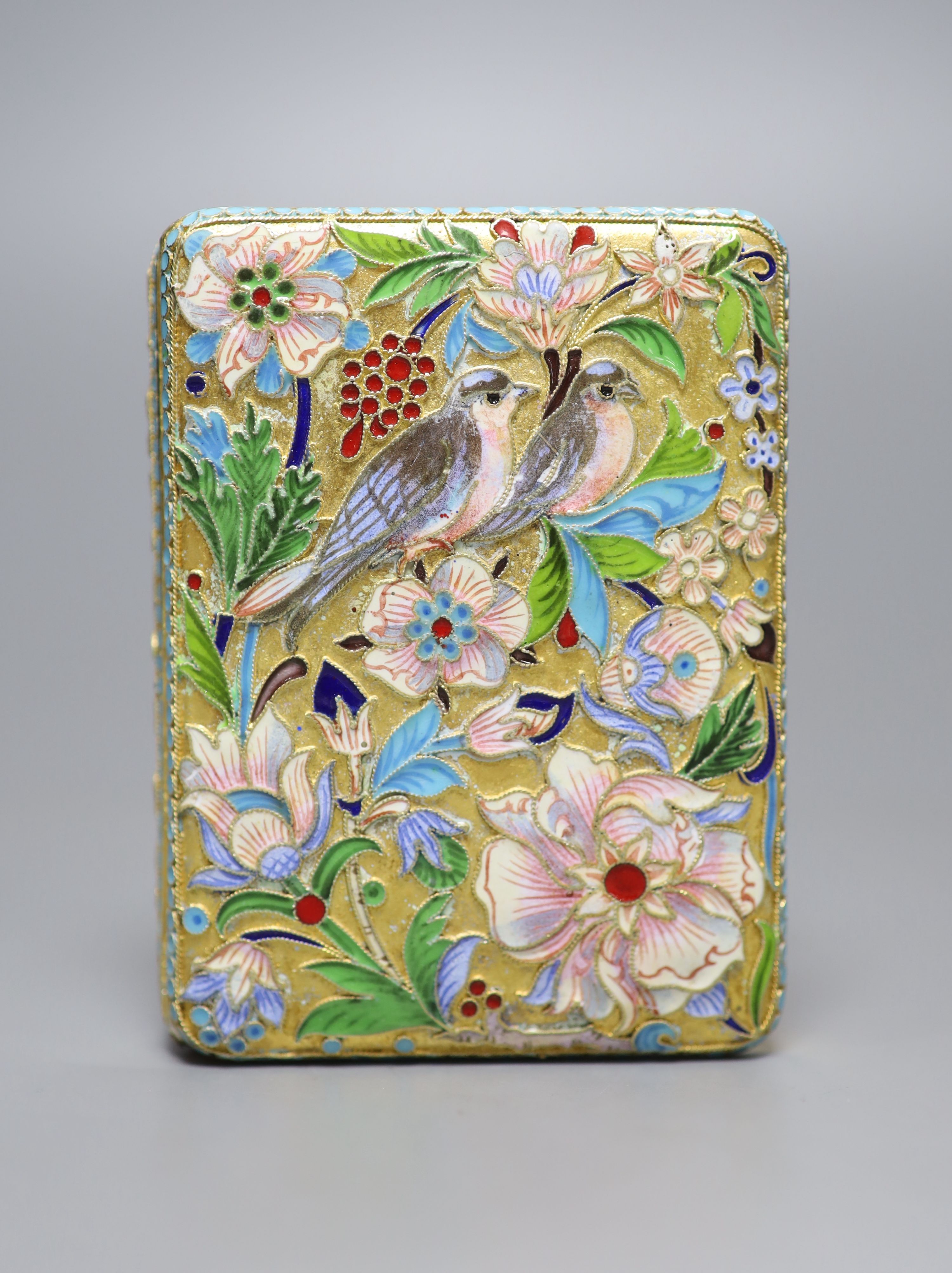 A modern Russian style gilt white metal and cloisonne enamel cigarette case, 93mm, gross 5oz.